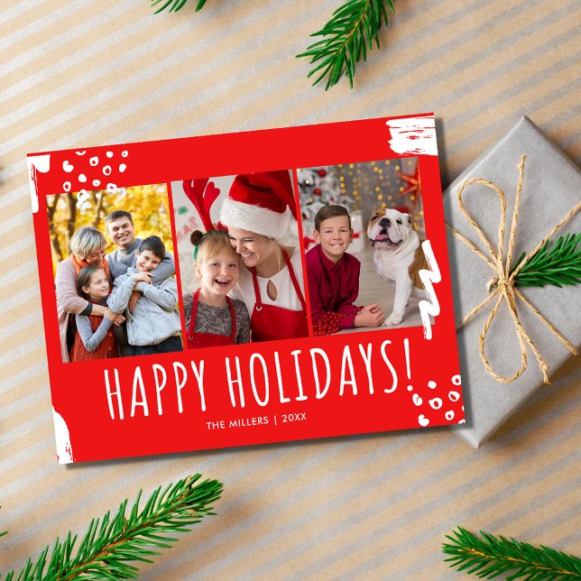 Happy Holidays Three Photo Family Christmas Holiday Postcard (Happy Holidays Three Photo Family Christmas Holiday Postcard)