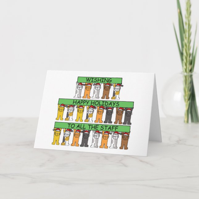 Happy Holidays to All the Staff, Cartoon Cats. Card (Front)