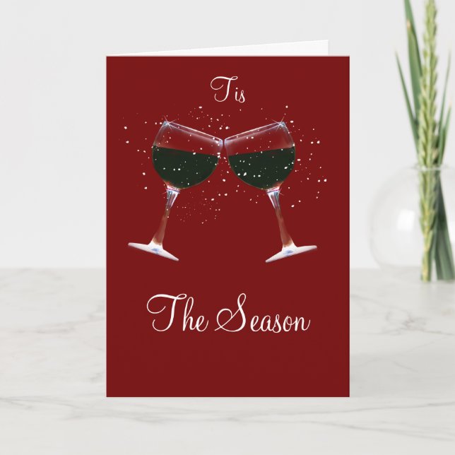 Happy Holidays Toasting Wine Glasses in Snow Holiday Card (Front)