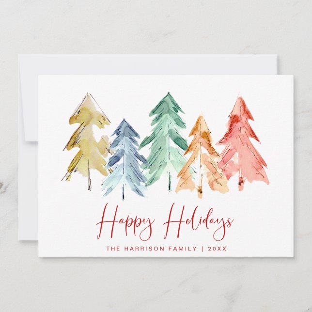 Happy Holidays Tree Watercolors Minimal Modern Holiday Card (Front)