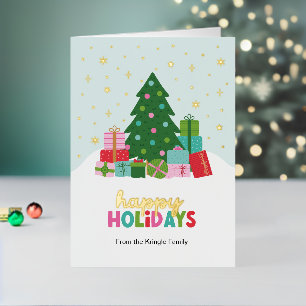 Happy Holidays Trees and Gifts in Aqua Blue Foil Holiday Card