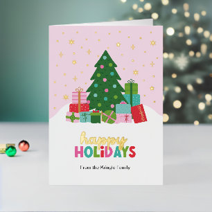 Happy Holidays Trees and Gifts in Pastel Pink Foil Holiday Card