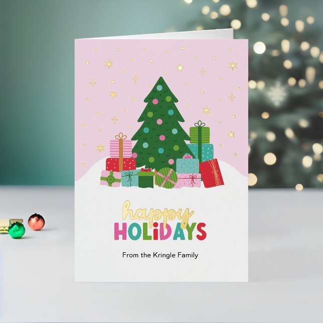 Happy Holidays Trees and Gifts in Pastel Pink Foil Holiday Card (Holiday In Situ 2)