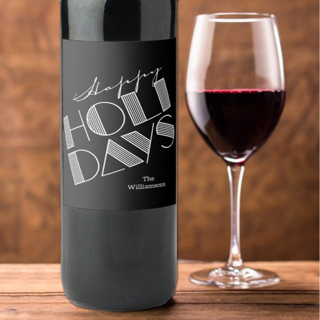 Happy Holidays Typography Black Wine Label (Creator Uploaded)