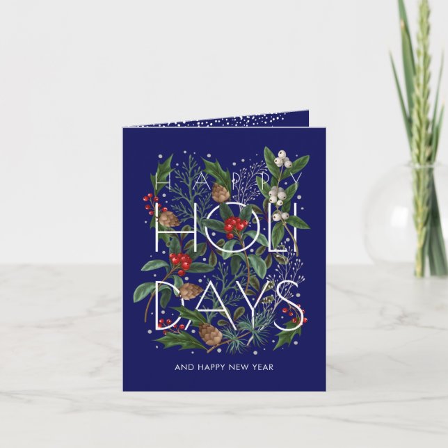 Happy Holidays Typography Greenery Berries Folded Holiday Card (Front)