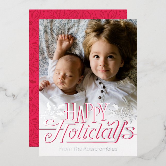 Happy Holidays Typography Holly Photo Silver   (Front/Back)