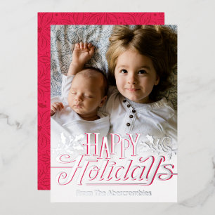 Happy Holidays Typography Holly Photo Silver Foil