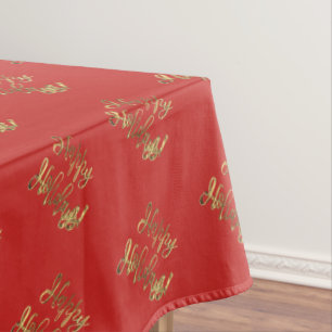 Happy Holidays Typography Pattern Elegant Red Gold Tablecloth
