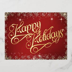 Happy Holidays Typography Red and Diamonds Foil Holiday Postcard