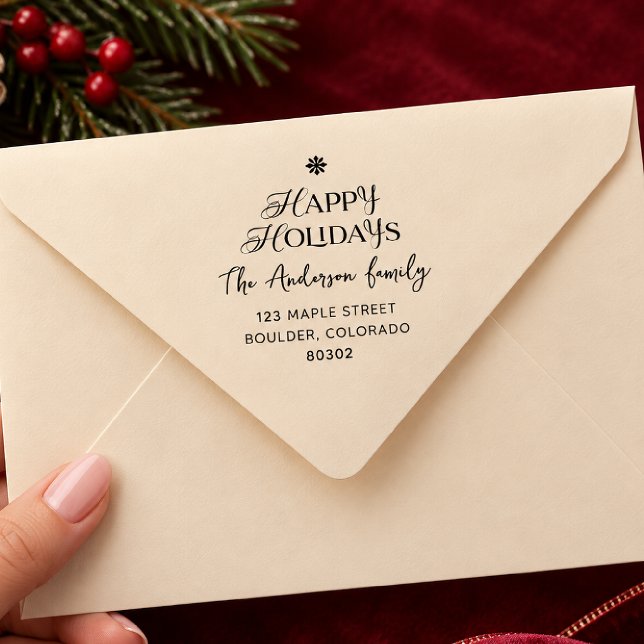Happy Holidays Typography Script Name and Address  Self-inking Stamp (Creator Uploaded)