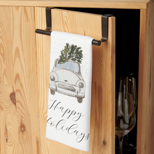 Happy Holidays Vintage Car Tea Towel (Thirds Fold)
