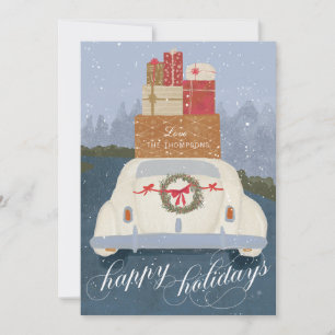 Happy Holidays Vintage Car with Gifts Holiday Card