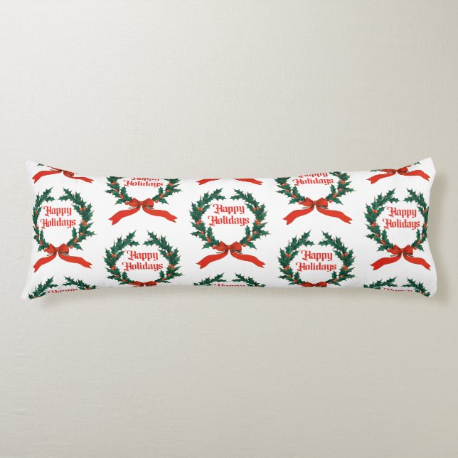 Happy Holidays Vintage Holly Christmas Wreath Body Cushion (Front)