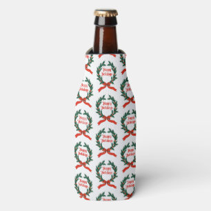 Happy Holidays Vintage Holly Christmas Wreath Bottle Cooler