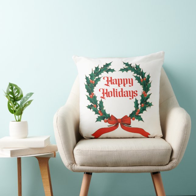 Happy Holidays Vintage Holly Christmas Wreath Cushion (Chair)