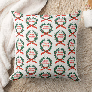 Happy Holidays Vintage Holly Christmas Wreath Cushion