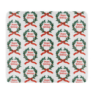 Happy Holidays Vintage Holly Christmas Wreath Cutting Board