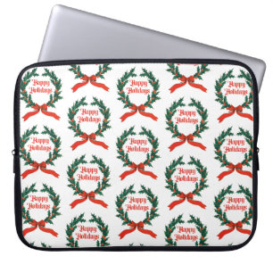 Happy Holidays Vintage Holly Christmas Wreath Laptop Sleeve