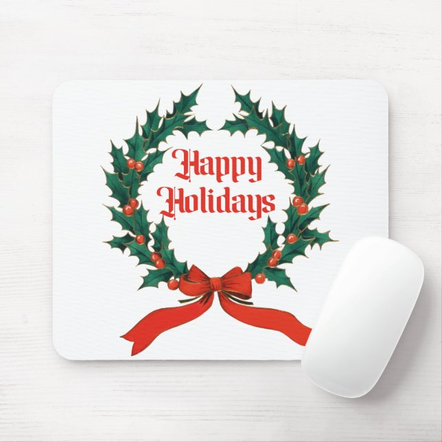 Happy Holidays Vintage Holly Christmas Wreath Mouse Pad (With Mouse)