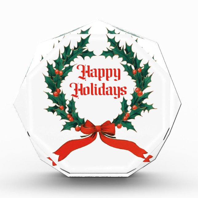 Happy Holidays Vintage Holly Christmas Wreath Photo Block (Front)