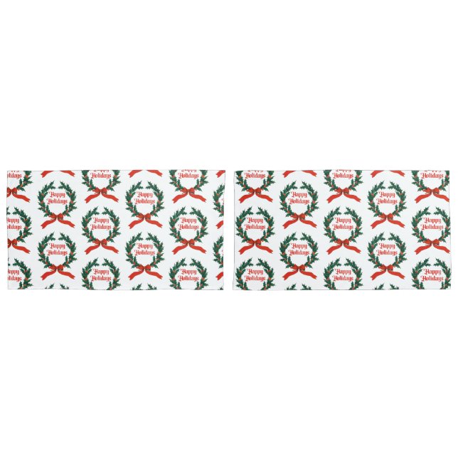 Happy Holidays Vintage Holly Christmas Wreath Pillowcase (Front-Set)