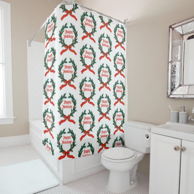 Happy Holidays Vintage Holly Christmas Wreath Shower Curtain (In Situ)