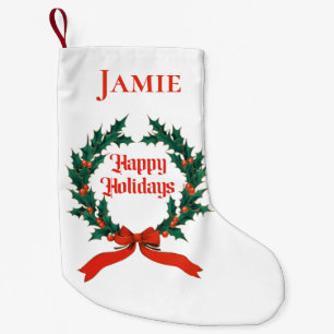 Happy Holidays Vintage Holly Christmas Wreath Small Christmas Stocking