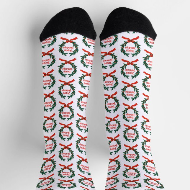 Happy Holidays Vintage Holly Christmas Wreath Socks (Top)