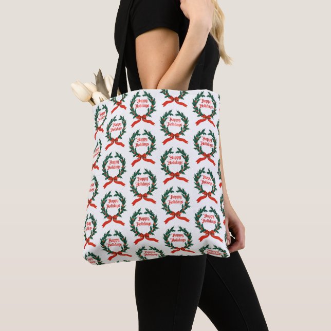 Happy Holidays Vintage Holly Christmas Wreath Tote Bag (Close Up)
