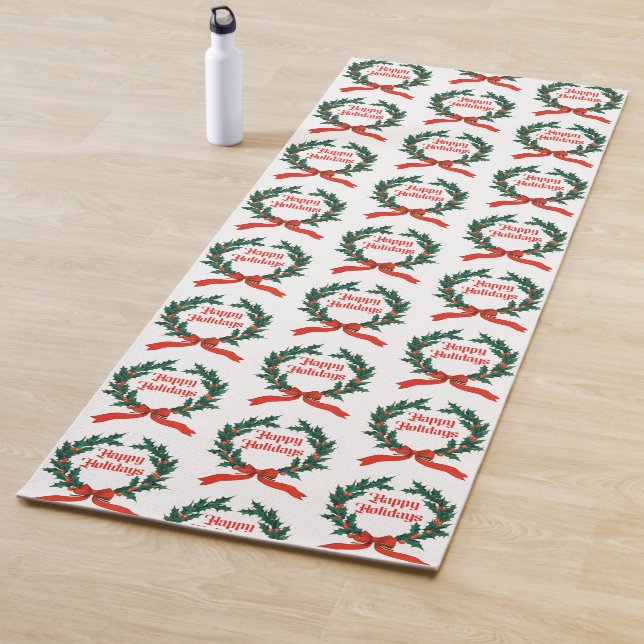 Happy Holidays Vintage Holly Christmas Wreath Yoga Mat (In Situ)