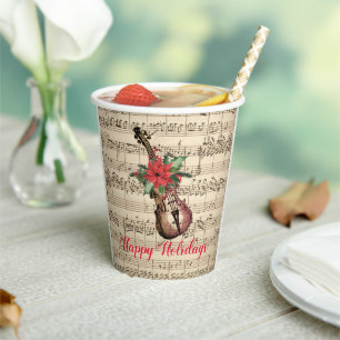 Happy Holidays Vintage Violin and Sheet Music Paper Cups