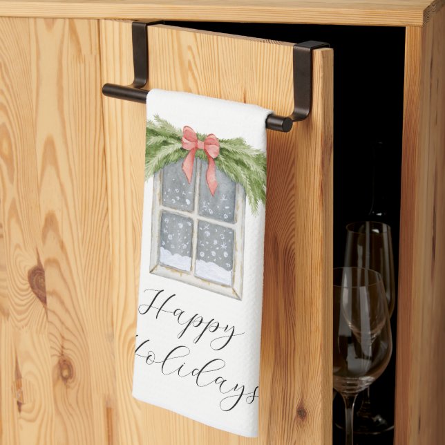 Happy Holidays Vintage Window Kitchen Towel (Thirds Fold)