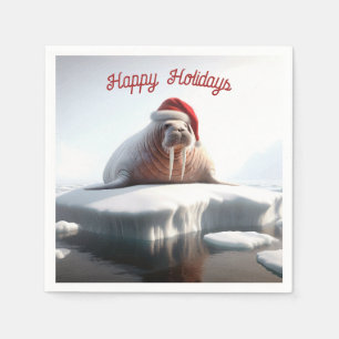 Happy Holidays Walrus Wearing a Santa Hat Napkin