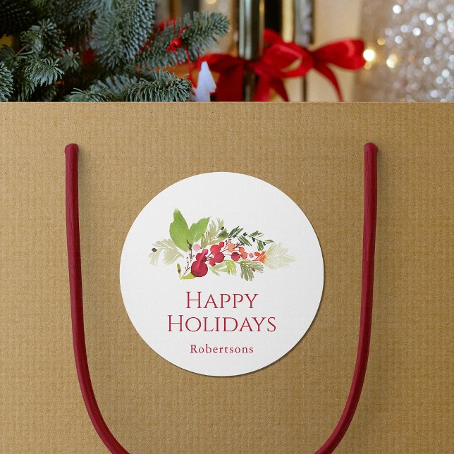 Happy Holidays Watercolor Berry Branch Classic Round Sticker (Creator Uploaded)