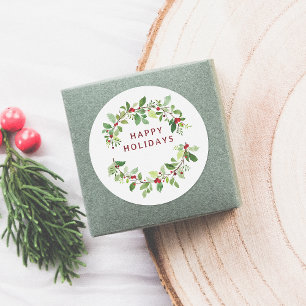Happy Holidays Watercolor Botanical Christmas Classic Round Sticker