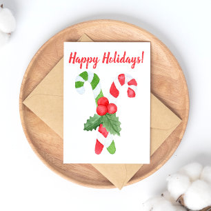 Happy Holidays Watercolor Candy Cane Christmas Holiday Postcard