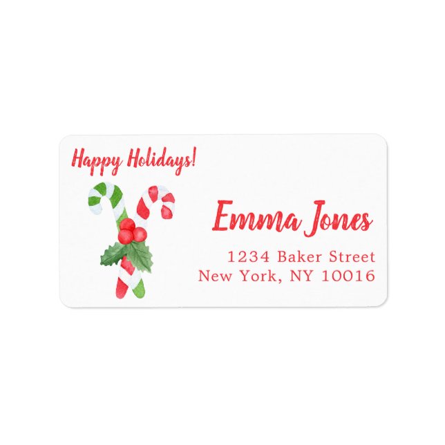 Happy Holidays! | Watercolor Candy Cane Christmas Label (Front)