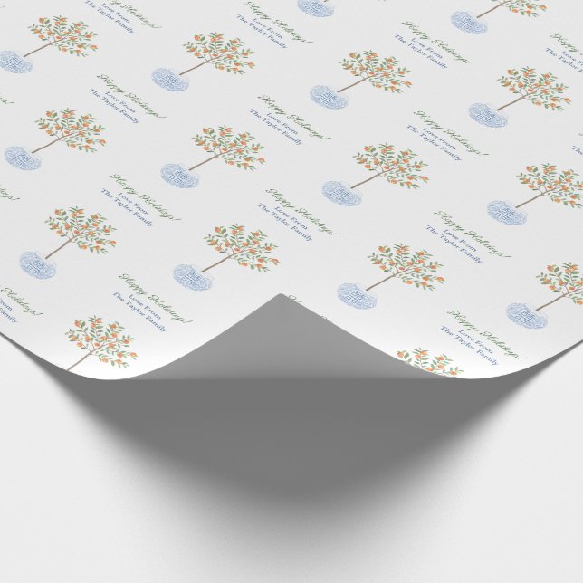 Happy Holidays Watercolor Citrus Tree Chinoiserie Wrapping Paper (Corner)
