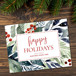 Happy Holidays Watercolor Floral Business Holiday Postcard