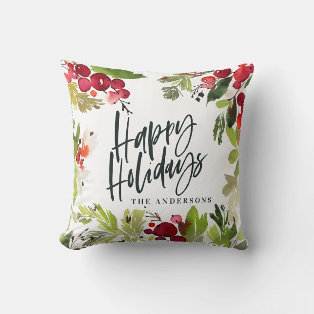 Happy holidays watercolor floral Holiday Cushion (Front)