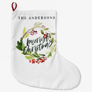 Happy Holidays watercolor floral Holiday Large Ch Christmas Stocking