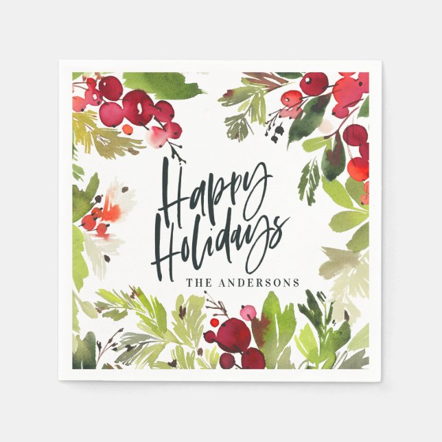 Happy holidays watercolor floral Holiday Napkin (Front)
