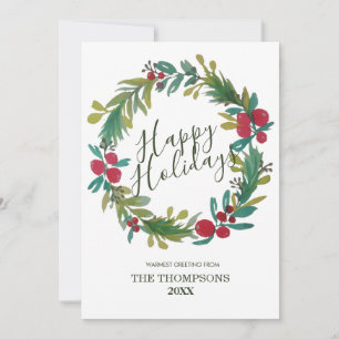 Happy Holidays Watercolor Floral Wreath Card