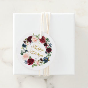 Happy Holidays Watercolor Floral Wreath Gold Favour Tags
