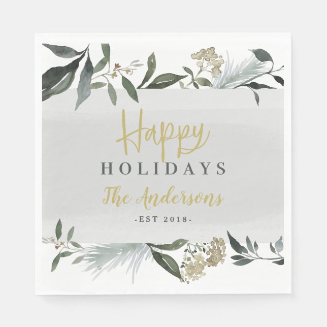 Happy holidays watercolor foliage Christmas Napkin (Front)