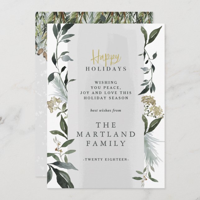 Happy Holidays watercolor foliage Holiday Card (Front/Back)