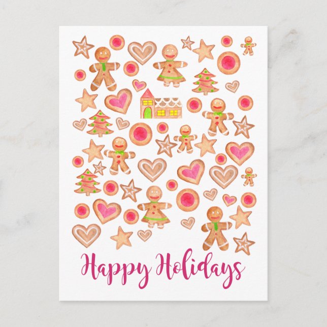 Happy Holidays watercolor gingerbread cookies Postcard (Front)