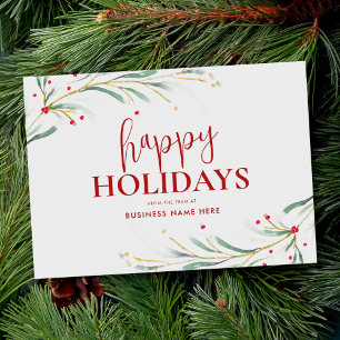 Happy Holidays Watercolor Greenery Business Holiday Card