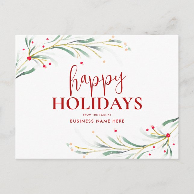 Happy Holidays Watercolor Greenery Business Holiday Postcard (Front)