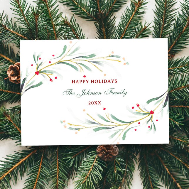 Happy Holidays Watercolor Greenery Holiday Card (Creator Uploaded)